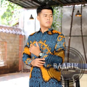 Baju Kemeja Batik Pria Lapis Furing Ekslusive Lengan Panjang Katun Kawung Biru