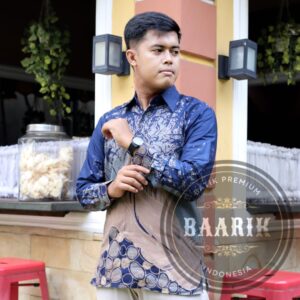 Kemeja Baju Batik Pria Lapis Furing Ekslusive Lengan Panjang Daun Abstrak Navy Nude